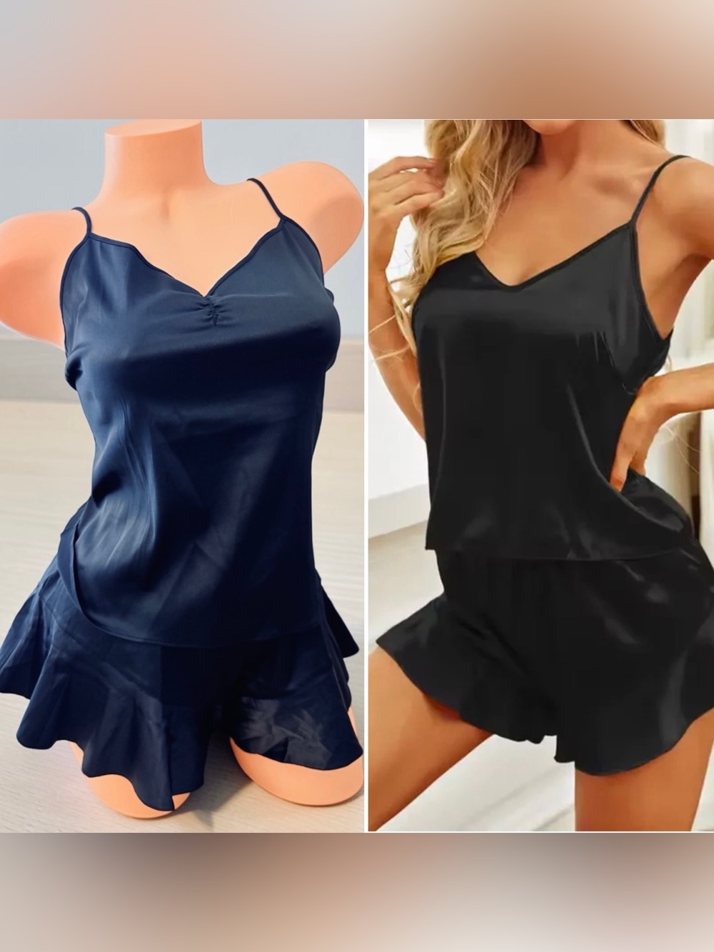 Victoria’s Secret Luxurious Satin Pajama Set Cami & Ruffle Shorts Black Small